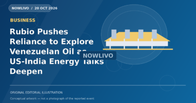 Original NOWLIVO editorial illustration of oil refinery, crude ship, india and us diplomatic flags, representing rubio and reliance discussions on venezuelan oil; not an event photograph