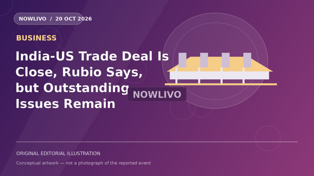 Original NOWLIVO editorial illustration of cargo port with indian and us flags and trade files, representing india-us trade agreement negotiations; not an event photograph