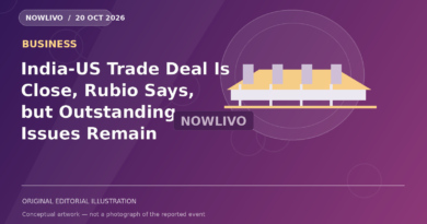 Original NOWLIVO editorial illustration of cargo port with indian and us flags and trade files, representing india-us trade agreement negotiations; not an event photograph