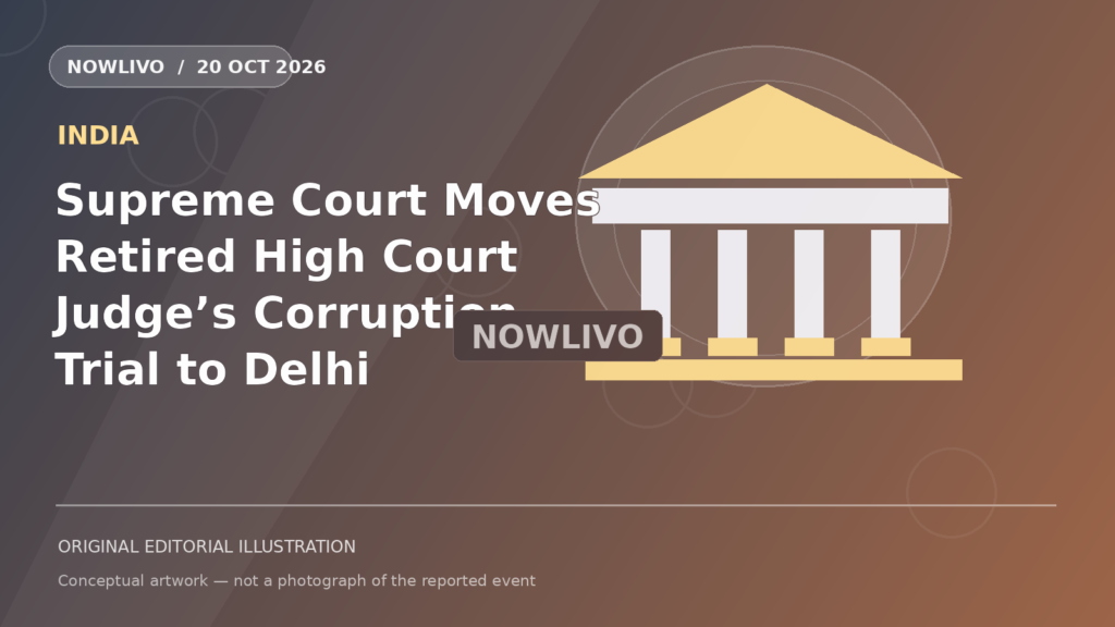 Original NOWLIVO editorial illustration of supreme court india facade and legal case files, representing supreme court corruption trial transfer; not an event photograph