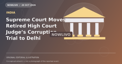 Original NOWLIVO editorial illustration of supreme court india facade and legal case files, representing supreme court corruption trial transfer; not an event photograph