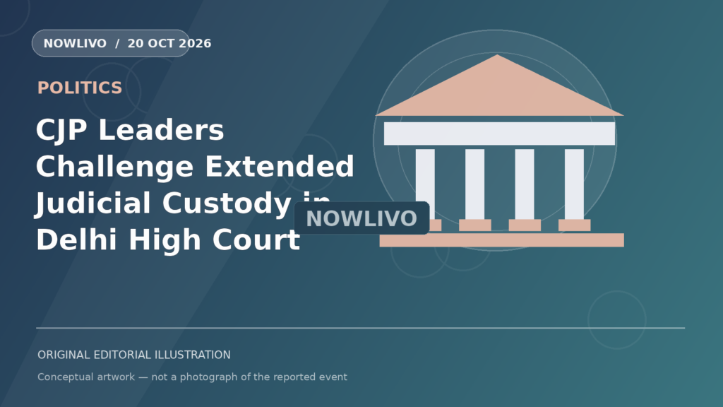 Original NOWLIVO editorial illustration of delhi court and peaceful protesters with blank placards, representing cjp leaders high court custody challenge; not an event photograph