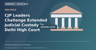 Original NOWLIVO editorial illustration of delhi court and peaceful protesters with blank placards, representing cjp leaders high court custody challenge; not an event photograph