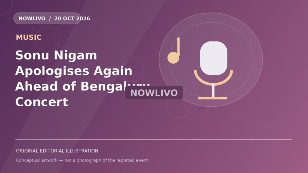 Original NOWLIVO editorial illustration of concert stage microphone, decorative lights, karnataka musical theme, representing sonu nigam karnataka apology concert; not an event photograph