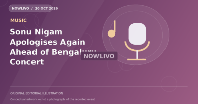 Original NOWLIVO editorial illustration of concert stage microphone, decorative lights, karnataka musical theme, representing sonu nigam karnataka apology concert; not an event photograph