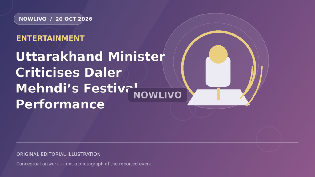 Original NOWLIVO editorial illustration of festival stage with microphone, colorful sound wave and empty spotlight, representing daler mehndi uttarakhand show dispute; not an event photograph