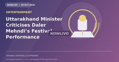 Original NOWLIVO editorial illustration of festival stage with microphone, colorful sound wave and empty spotlight, representing daler mehndi uttarakhand show dispute; not an event photograph