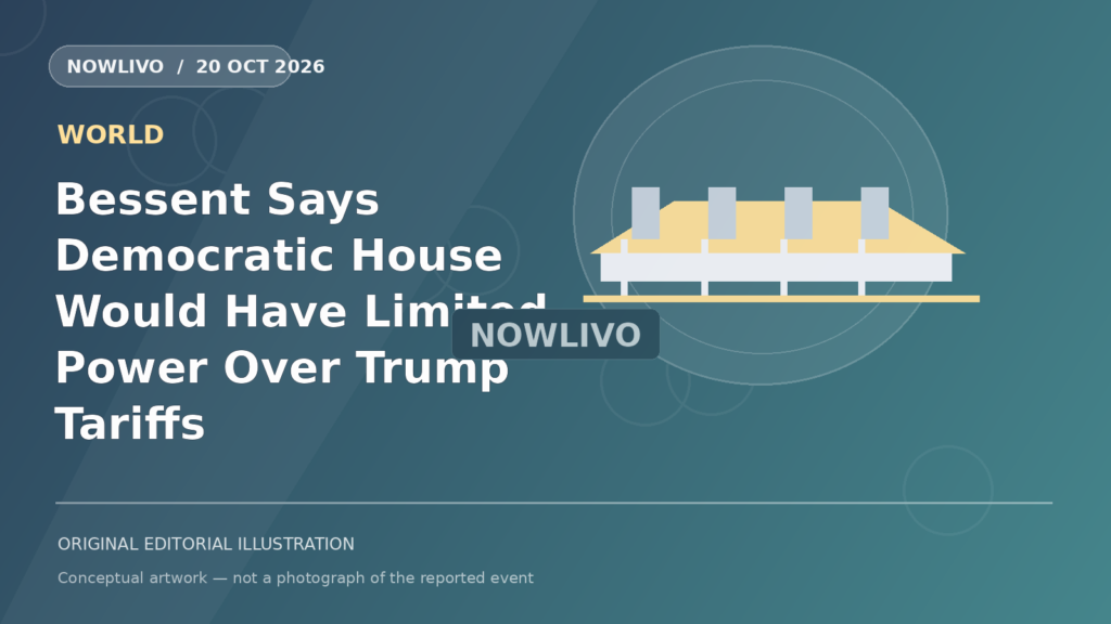 Original NOWLIVO editorial illustration of us treasury building and shipping tariff containers, representing bessent congress tariff authority; not an event photograph