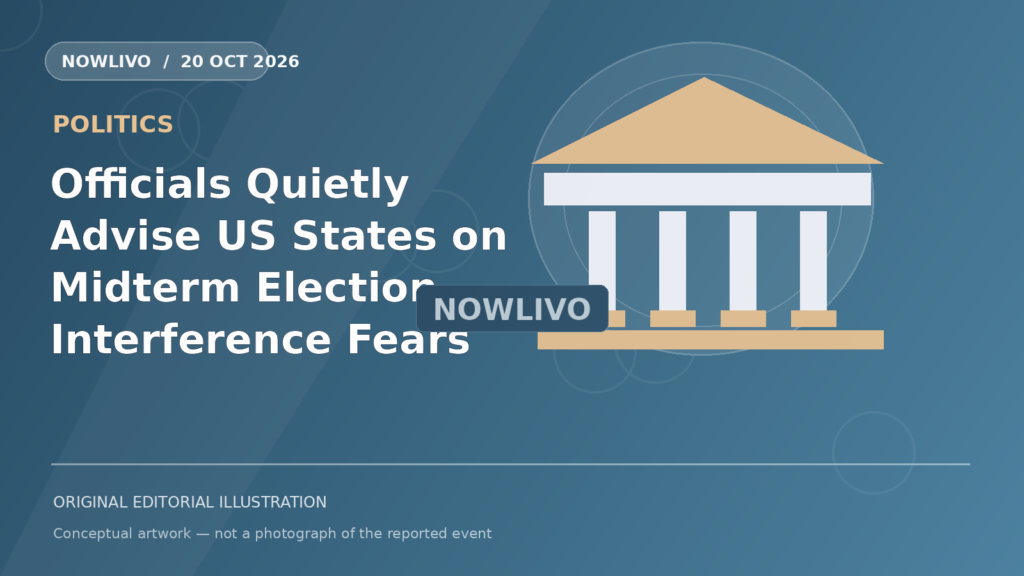 Original NOWLIVO editorial illustration of polling place signs, ballot box and american state capitol silhouette, representing us states election interference concerns; not an event photograph