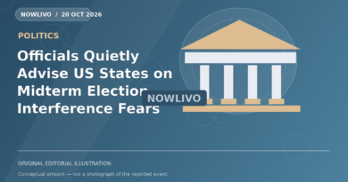 Original NOWLIVO editorial illustration of polling place signs, ballot box and american state capitol silhouette, representing us states election interference concerns; not an event photograph