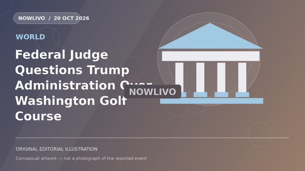 Original NOWLIVO editorial illustration of washington public golf green and gavel, preservation trees, representing washington golf course federal court dispute; not an event photograph