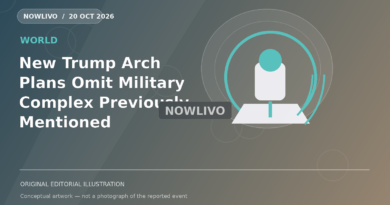 Original NOWLIVO editorial illustration of washington monumental arch concept amid government buildings, representing trump washington triumphal arch plans; not an event photograph