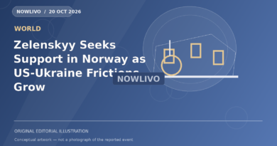 Original NOWLIVO editorial illustration of oslo diplomatic meeting table and ukrainian and us flags, representing ukraine norway diplomatic meeting and us support; not an event photograph