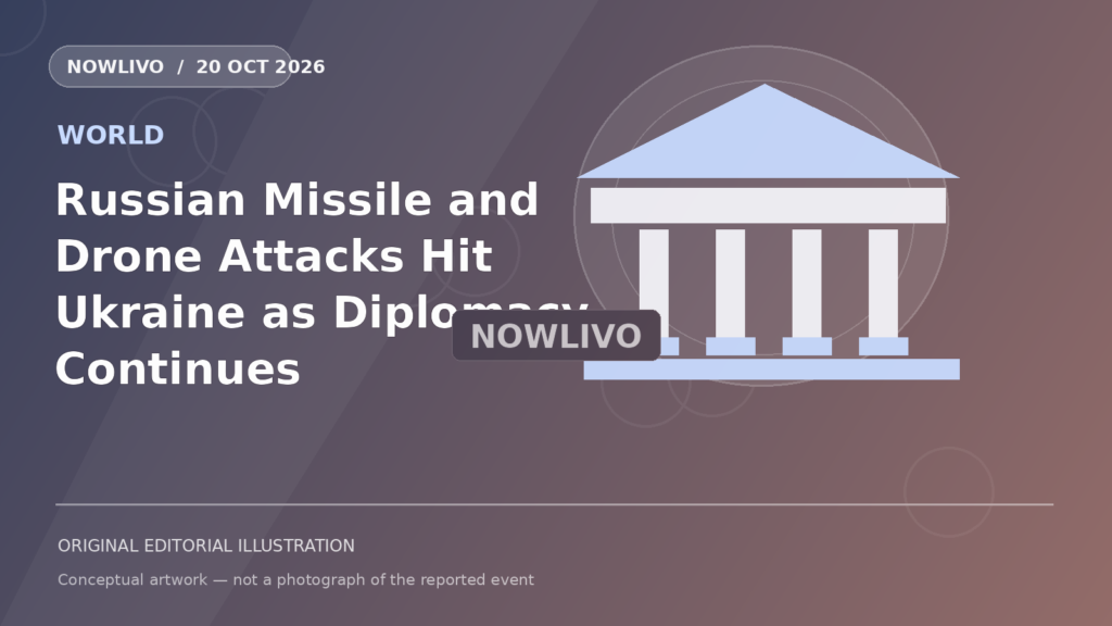 Original NOWLIVO editorial illustration of ukraine residential skyline under air-defense searchlights, no victims, representing ukraine october 20 aerial attack and defense requests; not an event photograph
