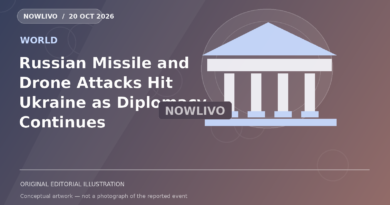 Original NOWLIVO editorial illustration of ukraine residential skyline under air-defense searchlights, no victims, representing ukraine october 20 aerial attack and defense requests; not an event photograph