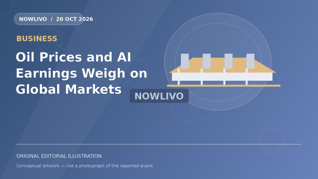 Original NOWLIVO editorial illustration of oil price chart beside computer-chip market screens, representing global markets oil price ai earnings october 20; not an event photograph