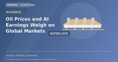 Original NOWLIVO editorial illustration of oil price chart beside computer-chip market screens, representing global markets oil price ai earnings october 20; not an event photograph