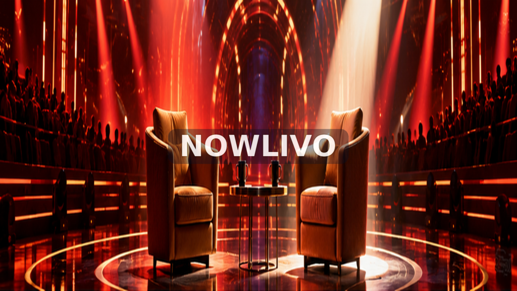 Conceptual illustration of two empty reality-TV host chairs beneath amber spotlights, representing the announced Bigg Boss 20 hosting change