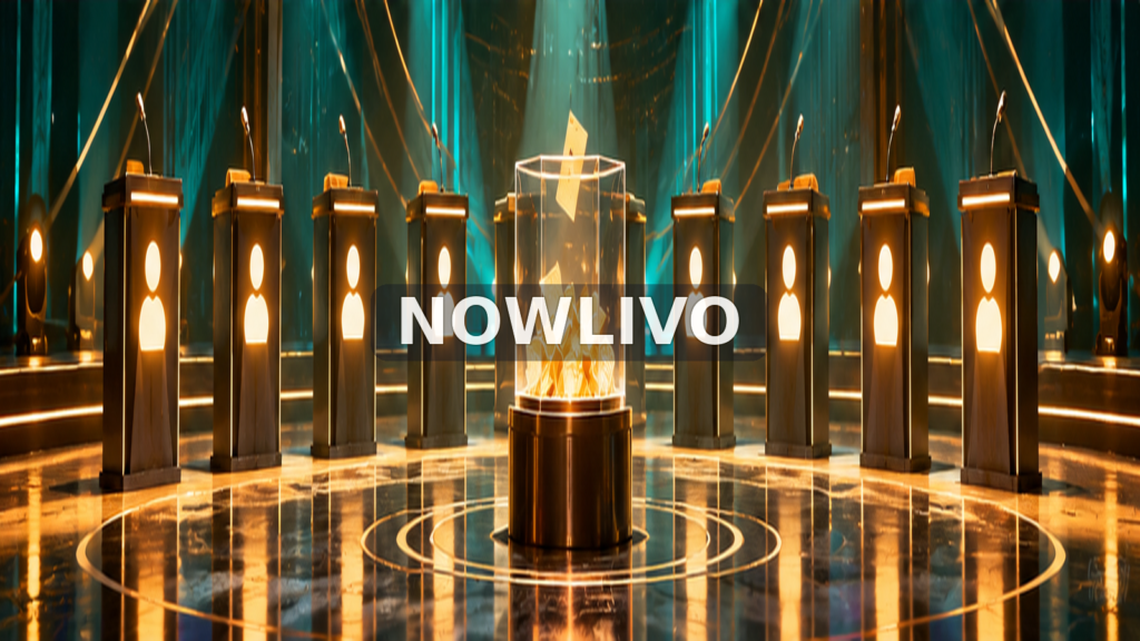 Conceptual illustration of nine reality-show nomination podiums and a transparent ballot box under teal stage lights, representing Bigg Boss Malayalam 8 Week 7