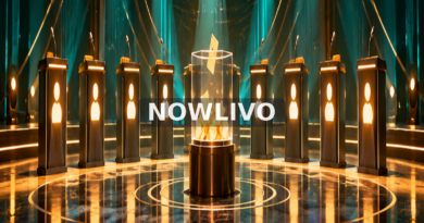 Conceptual illustration of nine reality-show nomination podiums and a transparent ballot box under teal stage lights, representing Bigg Boss Malayalam 8 Week 7