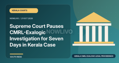Original illustrated news graphic about kerala cmrl exalogic legal proceedings, with a horizontally and vertically centered NOWLIVO watermark.