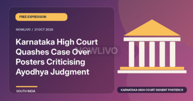 Original illustrated news graphic about karnataka high court dissent posters ruling, with a horizontally and vertically centered NOWLIVO watermark.