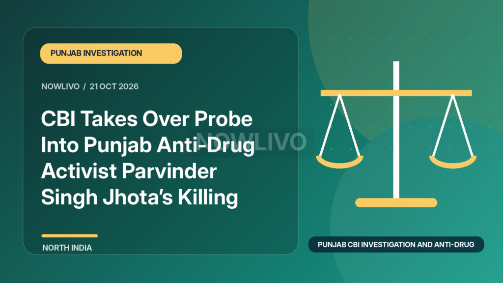 Original illustrated news graphic about punjab cbi investigation and anti-drug activism, with a horizontally and vertically centered NOWLIVO watermark.