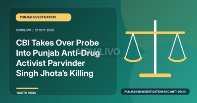 Original illustrated news graphic about punjab cbi investigation and anti-drug activism, with a horizontally and vertically centered NOWLIVO watermark.