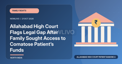 Original illustrated news graphic about allahabad high court patient banking access, with a horizontally and vertically centered NOWLIVO watermark.