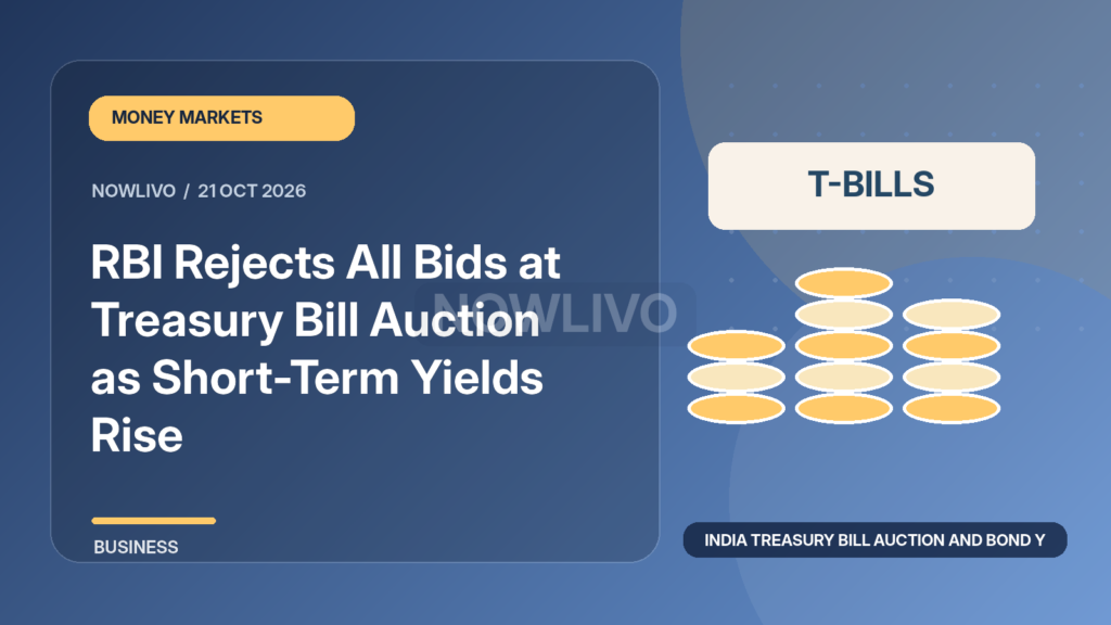 Original illustrated news graphic about india treasury bill auction and bond yields, with a horizontally and vertically centered NOWLIVO watermark.