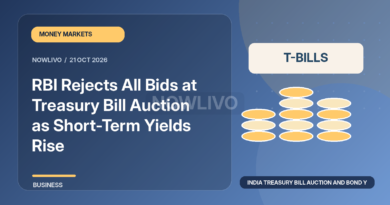 Original illustrated news graphic about india treasury bill auction and bond yields, with a horizontally and vertically centered NOWLIVO watermark.