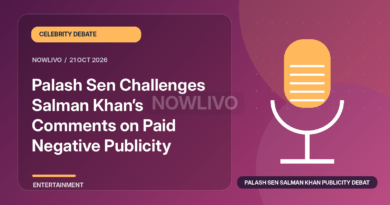 Original illustrated news graphic about palash sen salman khan publicity debate, with a horizontally and vertically centered NOWLIVO watermark.