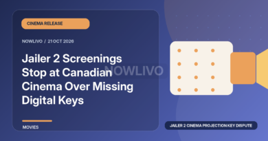 Original illustrated news graphic about jailer 2 cinema projection key dispute, with a horizontally and vertically centered NOWLIVO watermark.