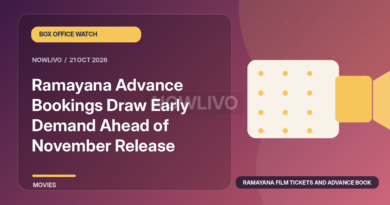 Original illustrated news graphic about ramayana film tickets and advance booking, with a horizontally and vertically centered NOWLIVO watermark.
