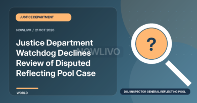 Original illustrated news graphic about doj inspector general reflecting pool case, with a horizontally and vertically centered NOWLIVO watermark.