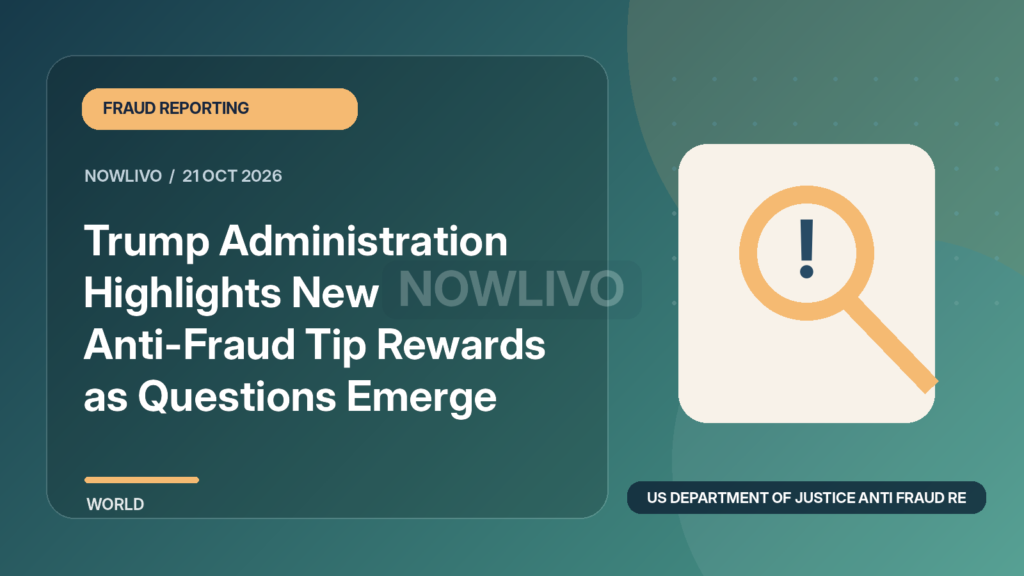 Original illustrated news graphic about us department of justice anti fraud rewards, with a horizontally and vertically centered NOWLIVO watermark.