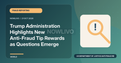 Original illustrated news graphic about us department of justice anti fraud rewards, with a horizontally and vertically centered NOWLIVO watermark.