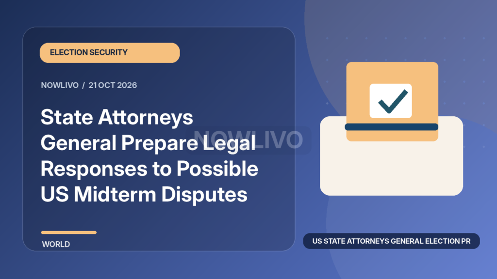 Original illustrated news graphic about us state attorneys general election preparations, with a horizontally and vertically centered NOWLIVO watermark.