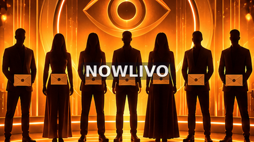 Conceptual amber-lit reality television stage with seven anonymous nomination silhouettes, centered NOWLIVO watermark; illustration, not episode footage