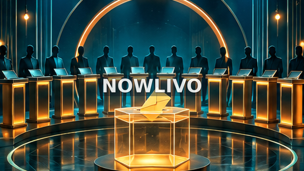 Conceptual teal and gold television nomination arena with anonymous podiums and ballot box, centered NOWLIVO watermark; editorial illustration