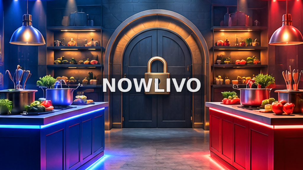 Conceptual blue and red reality television team kitchens with locked connecting doorway, centered NOWLIVO watermark; not an actual episode still
