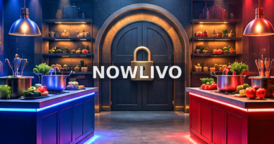 Conceptual blue and red reality television team kitchens with locked connecting doorway, centered NOWLIVO watermark; not an actual episode still