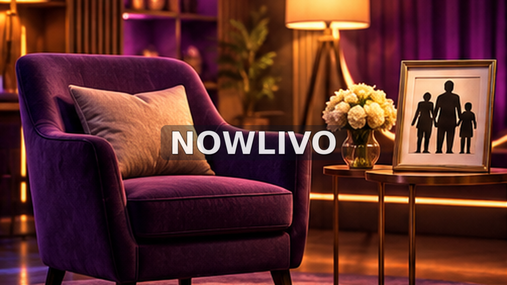 Conceptual purple-lit interview chair and family photo silhouette symbolising Jagadish family interview, centered NOWLIVO watermark; not a photograph