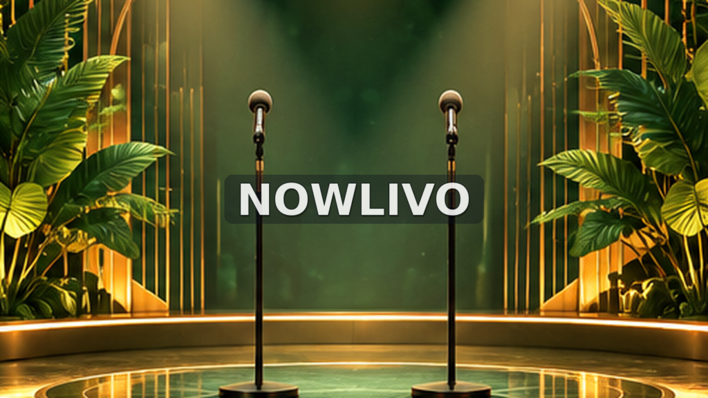 Conceptual emerald-lit television interview stage with two microphones representing attributed endorsements of Malayalam Bigg Boss contestants, centered NOWLIVO watermark; editorial illustration