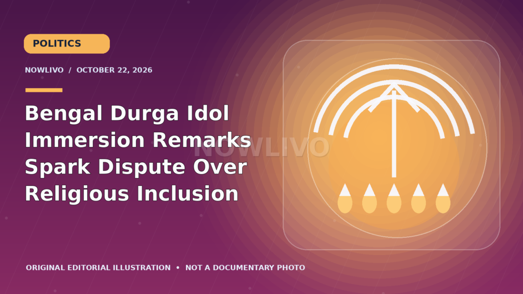 Original editorial graphic with a festive arch and oil lamps representing the Bengal Durga idol immersion remarks.
