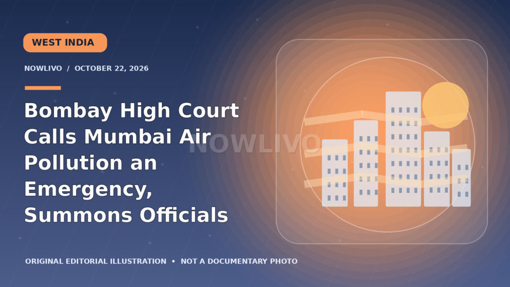Original editorial graphic of a Mumbai-style urban skyline behind smog and a hazy sun for the Bombay High Court pollution case.