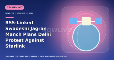Original editorial graphic of a communications satellite above a globe for the Swadeshi Jagran Manch Starlink protest.