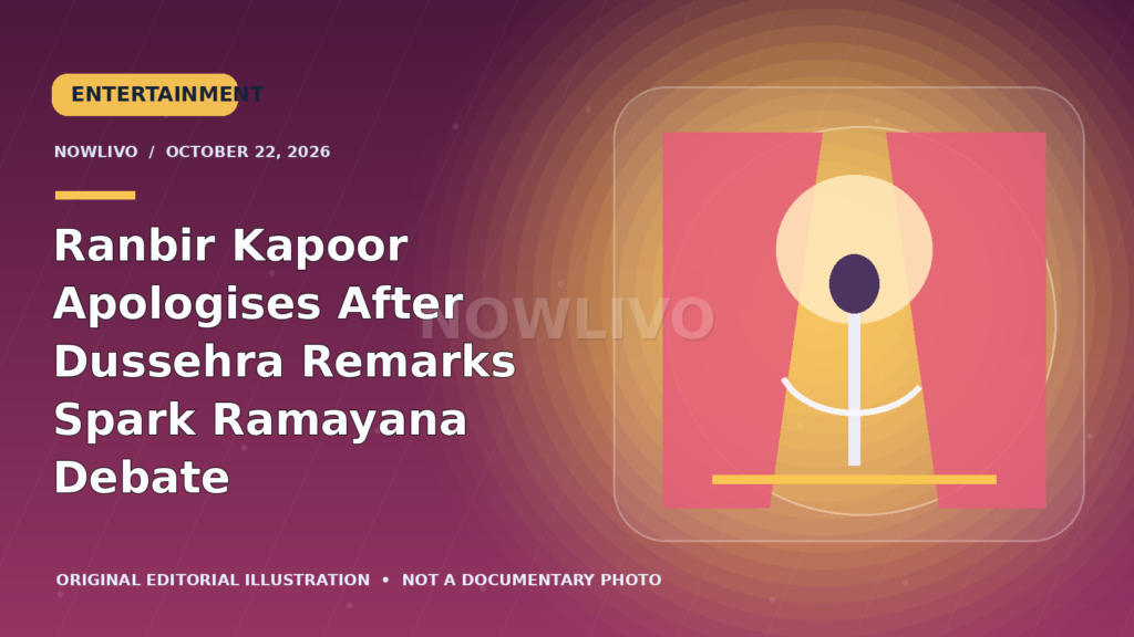 Original editorial graphic of stage curtains and a microphone for Ranbir Kapoor’s Dussehra event apology.