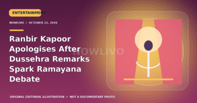 Original editorial graphic of stage curtains and a microphone for Ranbir Kapoor’s Dussehra event apology.