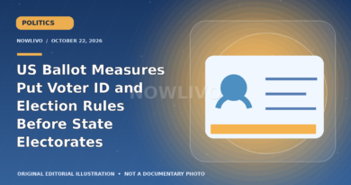 Original editorial graphic of a voter identification card for US state ballot measures on election rules.